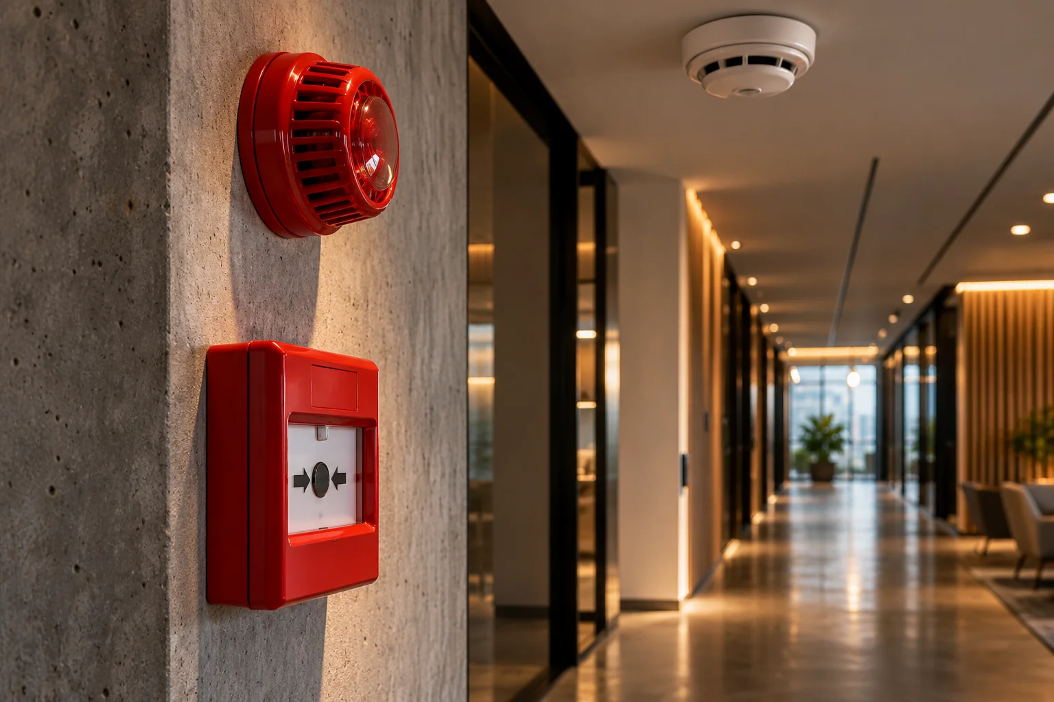 Dispositivos de alarma y detector de humo en un corredor