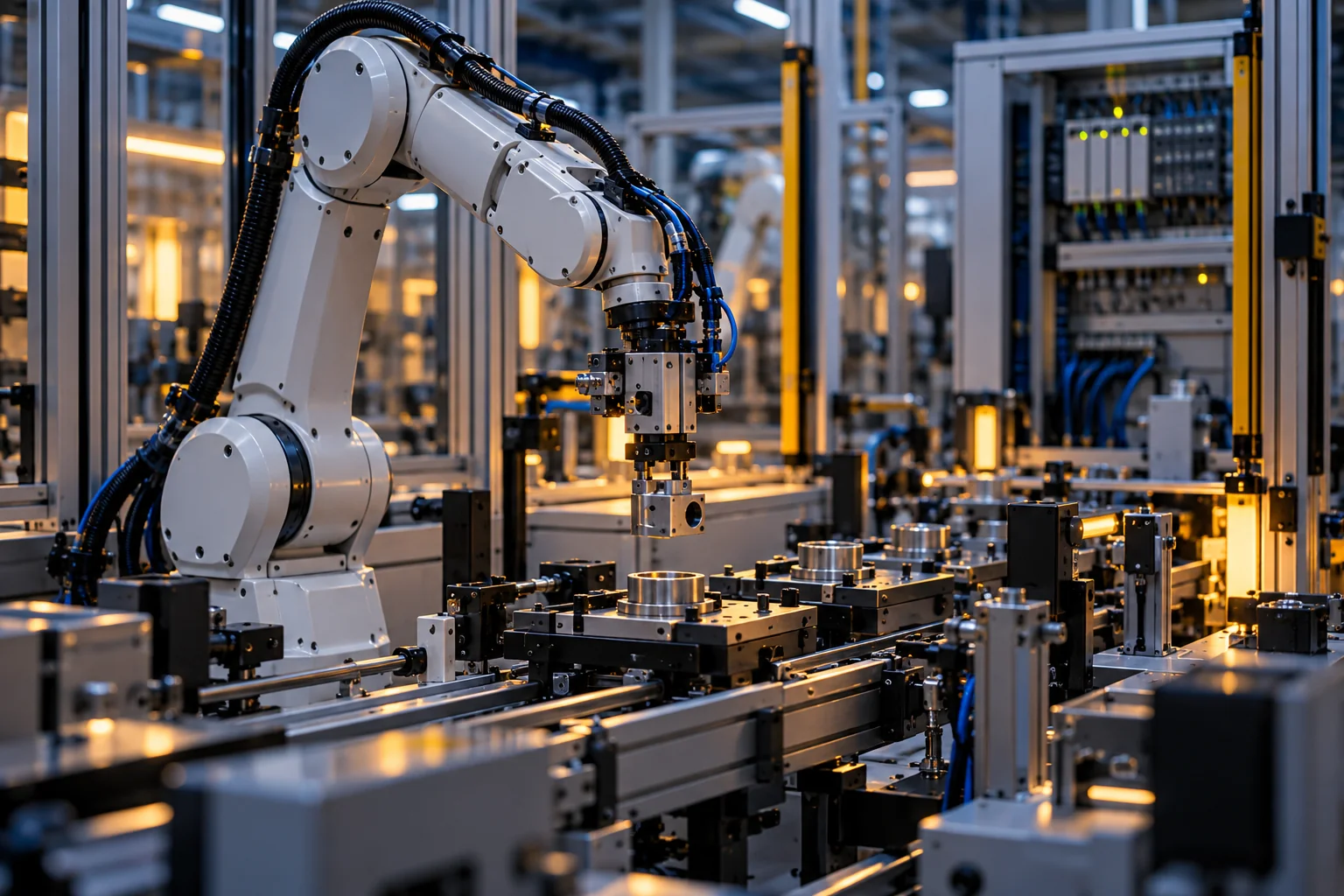 Robot industrial en una celda de producción automatizada
