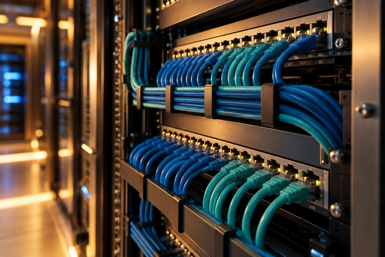 Panel de conexiones con cableado de red cuidadosamente organizado