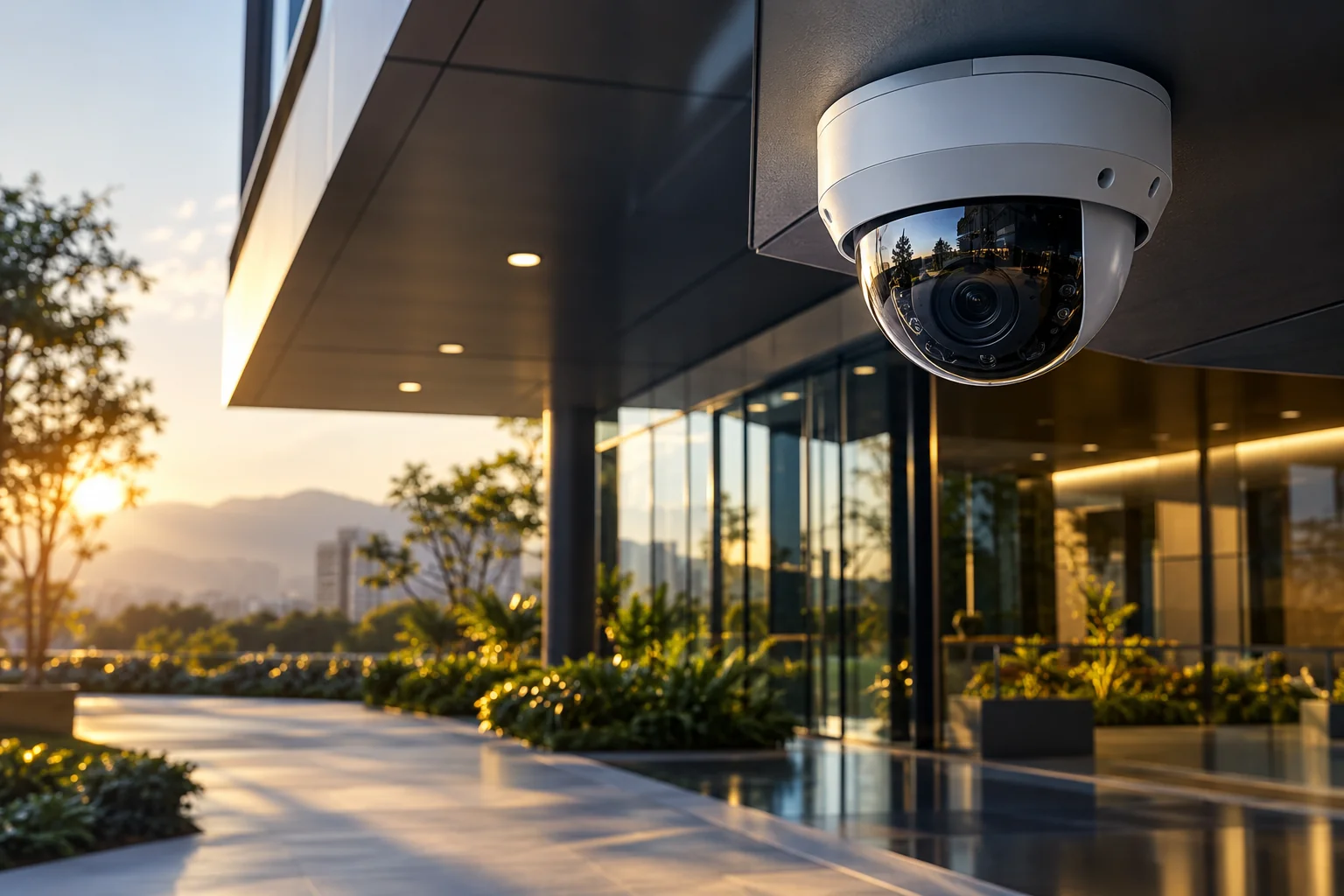 Cámara de videovigilancia IP en la entrada de un edificio