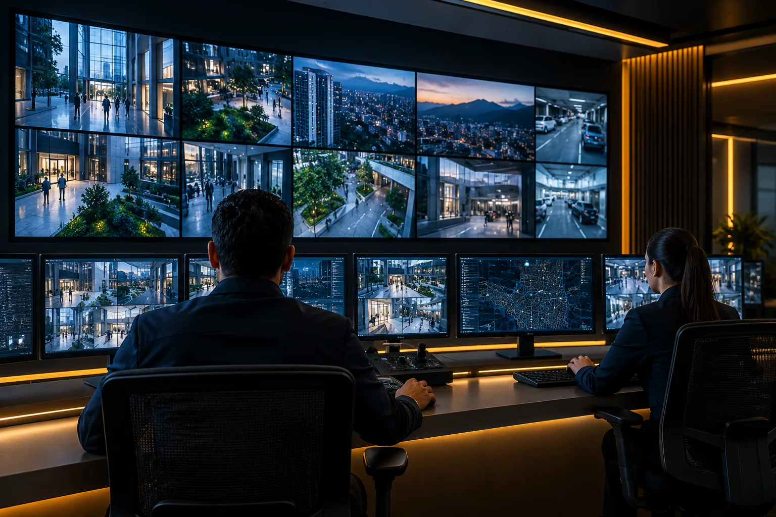 Central de monitoreo con operadores y un muro de video