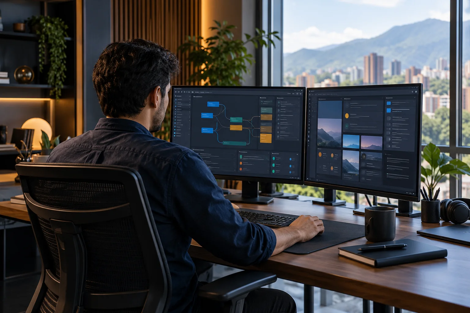 Profesional desarrollando interfaces de software en su estación de trabajo