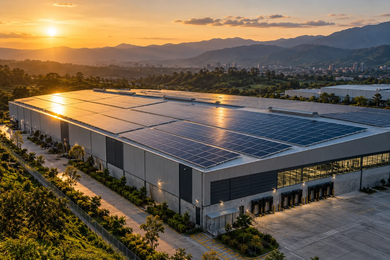 Paneles solares instalados en una cubierta industrial