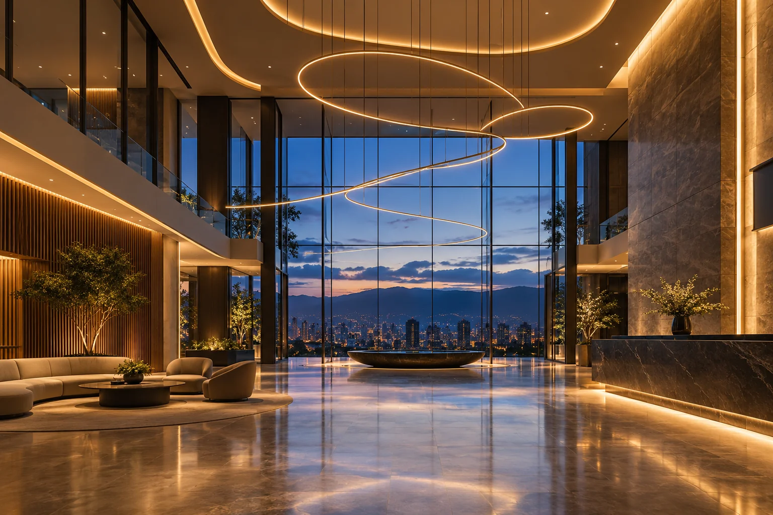 Lobby contemporáneo con iluminación arquitectónica LED