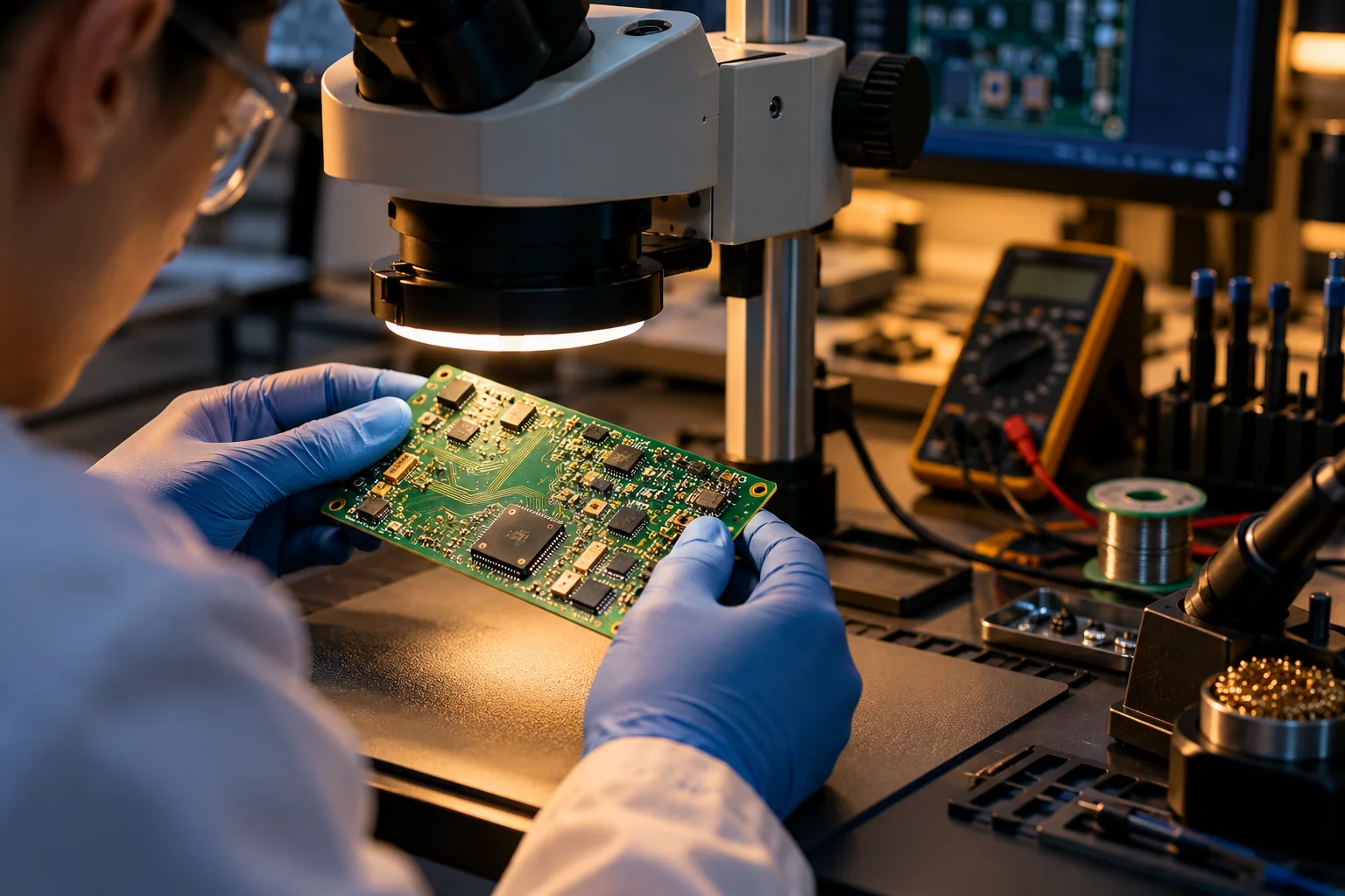 Inspección de una tarjeta electrónica en un laboratorio técnico