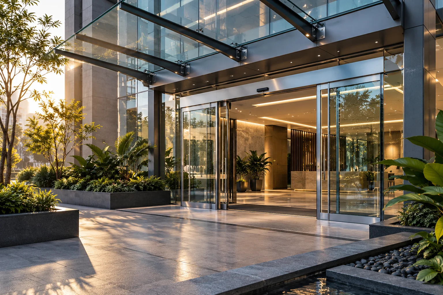Puertas automáticas de vidrio en el acceso de un edificio comercial