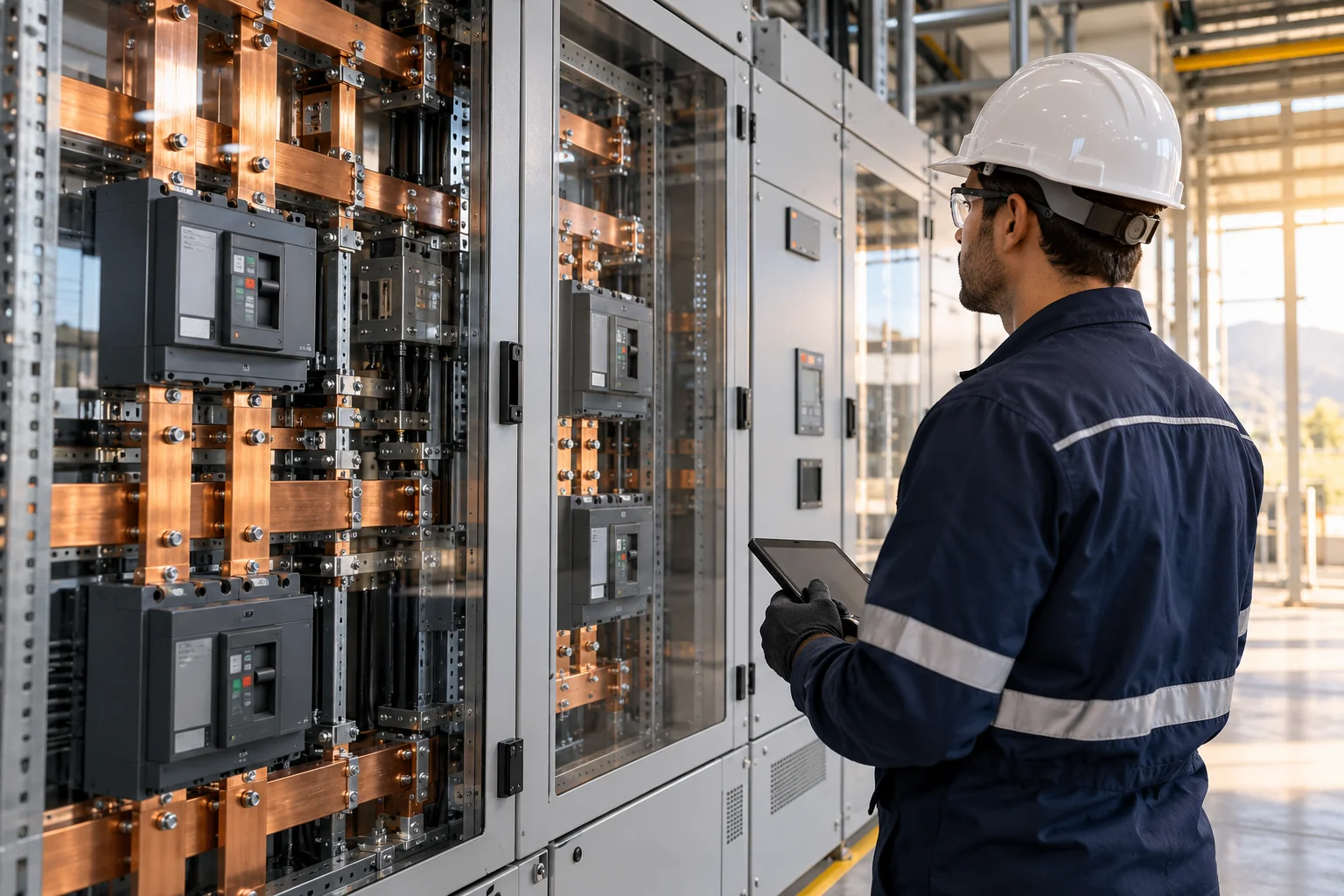 Profesional inspeccionando tableros de distribución eléctrica