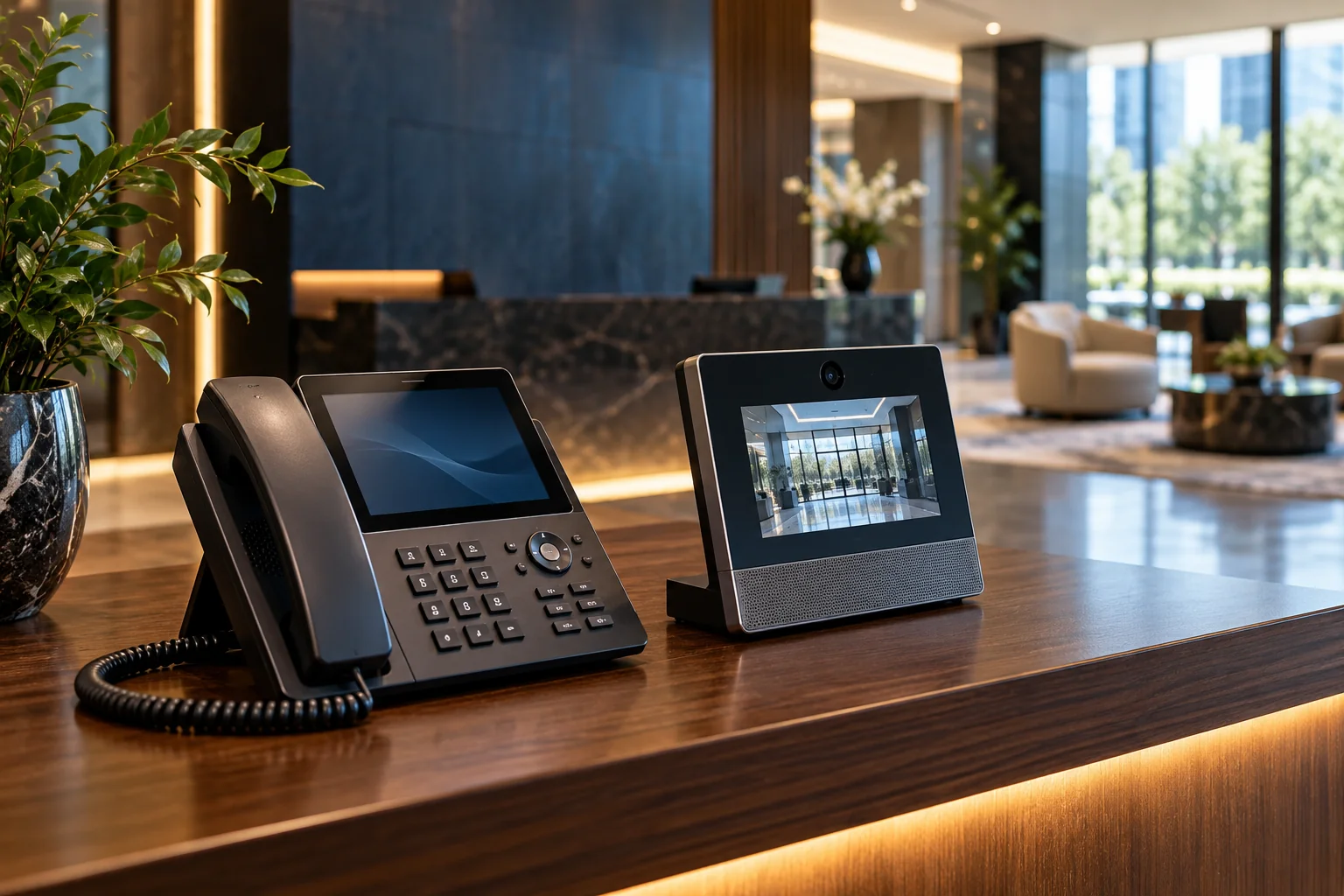 Teléfono IP y equipo de intercomunicación en una recepción